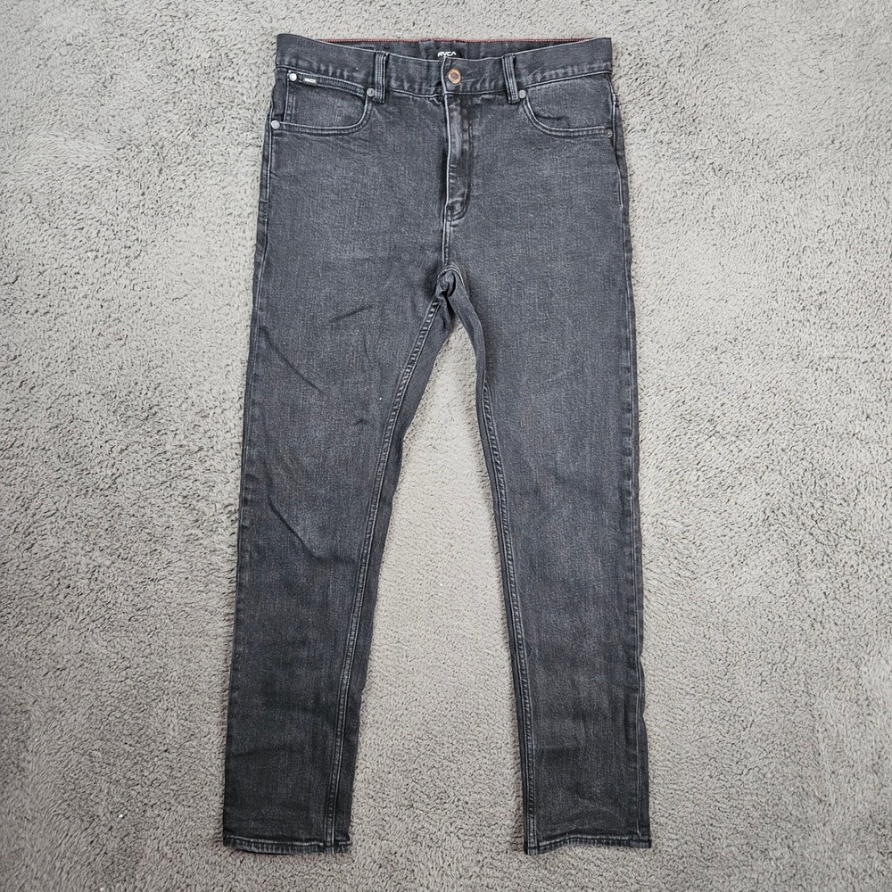 RVCA Daggers Fit Mens Black Acid Wash Slim Tapered Jeans Size 32 Skater Denim